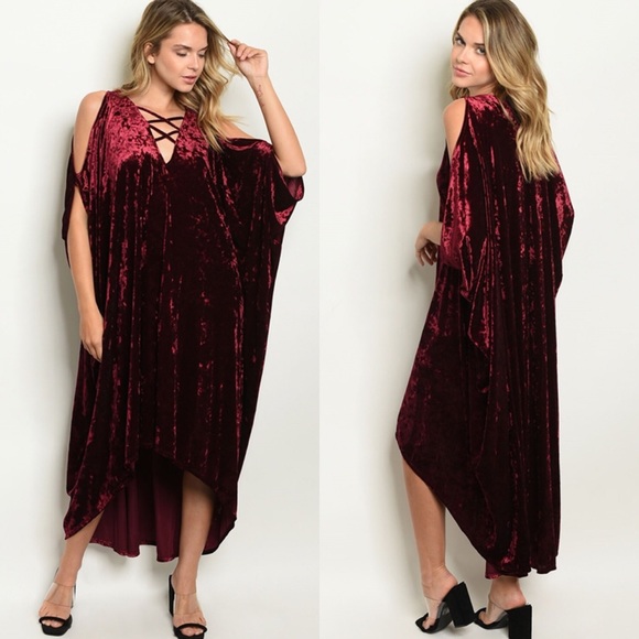 Dresses & Skirts - Burgundy Velvet Flutter Long High Low Tunic Dress